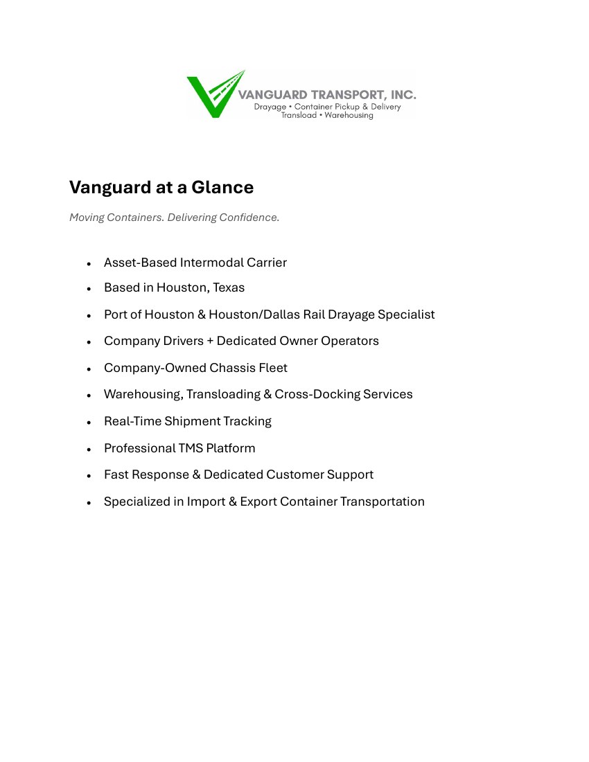 First page of the Vanguard Transport company profile